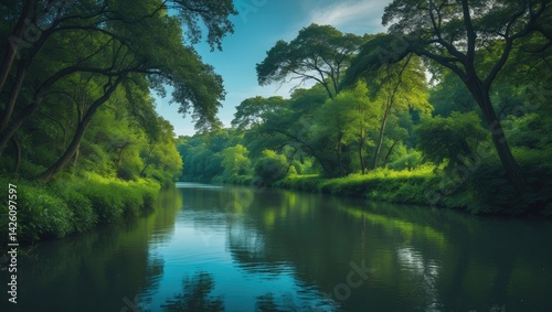 A tranquil river meanders softly through a lush landscape filled with vibrant green trees.