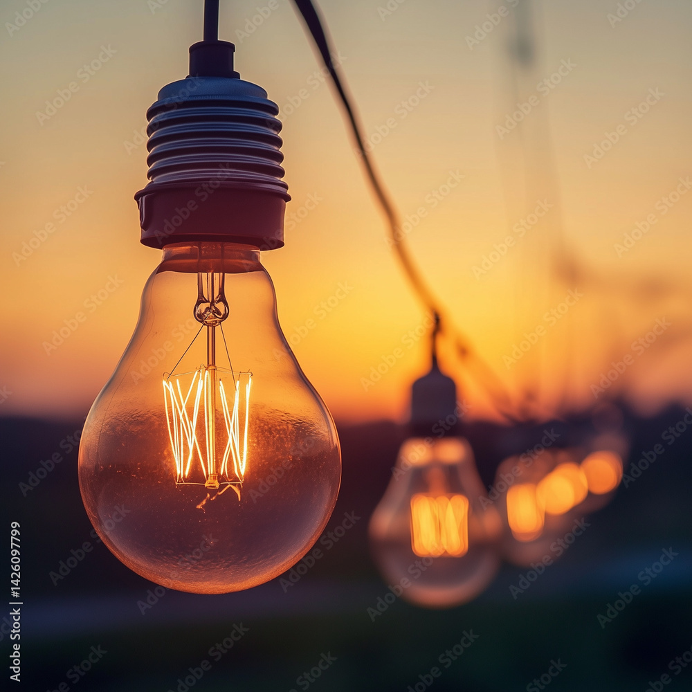 Lâmpada acesa em destaque com várias outras lâmpadas penduradas ao fundo, criando um ambiente aconchegante, iluminado e com atmosfera criativa e acolhedora