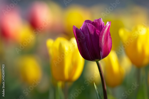 Close-up of purple tulip against blurred yellow tulips background, showcasing springtime bloom and vibrant color contrast, symbolizing freshness and renewal