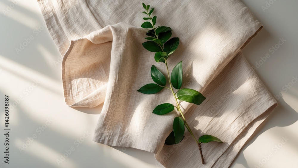 Folded linen napkin with greenery on table surface, top-down perspective Folded linen napkin with greenery on table surface, top-down perspective