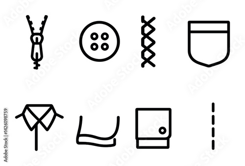Sewing and garment icons set: zipper, button, stitch, pocket, collar, cuff in linear style