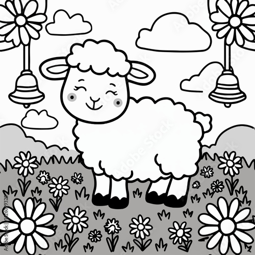 cute lamb in the grass  vector coloring page for kids