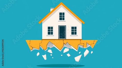Housing crisis impact economic. A house is depicted floating above a cracked surface, symbolizing instability or a potential disaster in a minimalist, colorful design.
