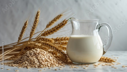 Liquid milk in a glass jug with wheat ears and cereal flakes