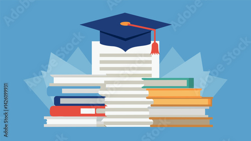 A graduation cap is p on top of a stack of paperwork symbolizing the burden of student loans that parents may take on for their childs education.. Vector illustration