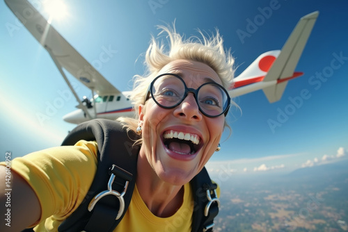 Happy Skydiver senior woman, smiling in free fall on flying airplane background. AI