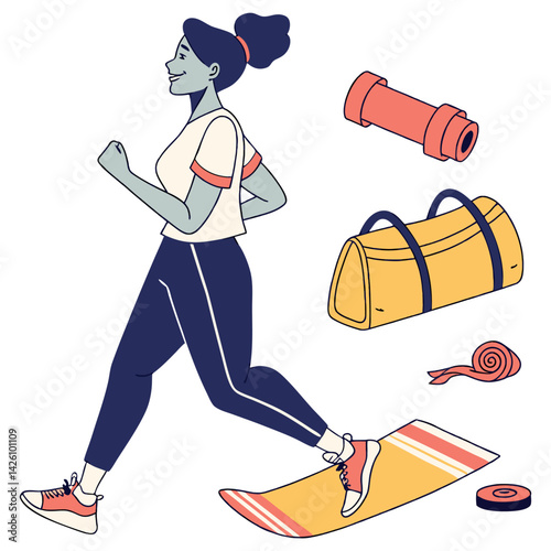Woman with gym accessory set vector. Workout equipment's , yoga mat, sportswear and bag.