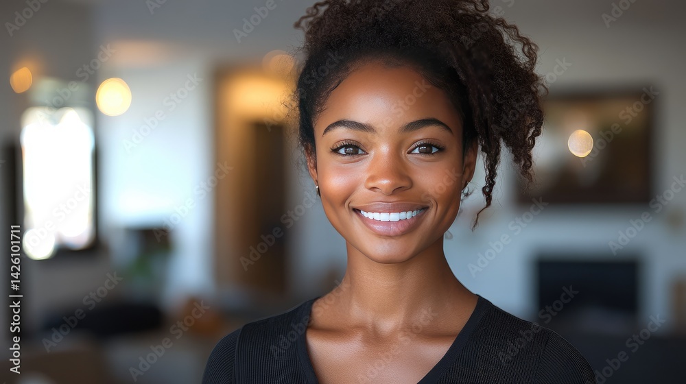 African-American woman smiling warmly, radiating joy and confidence in a serene moment. African-American woman smiling warmly, radiating joy and confidence in a serene moment.