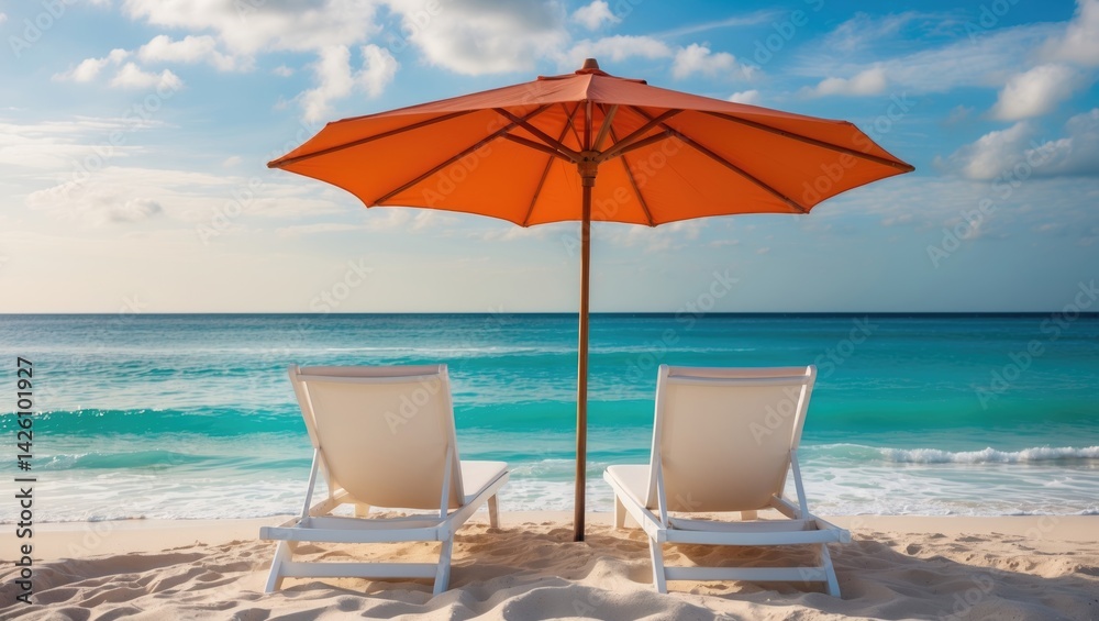 Stunning tropical beach scene with lounge chairs and umbrellas Stunning tropical beach scene with lounge chairs and umbrellas