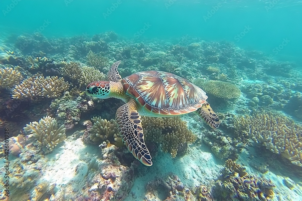 Fototapeta premium Colorful sea turtle swimming through coral reefs in a vibrant underwater environment