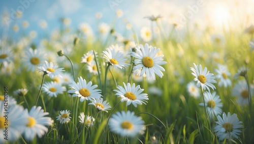 Fototapeta Naklejka Na Ścianę i Meble -  Fresh daisy flowers blooming in meadow grass under a sunlit sky