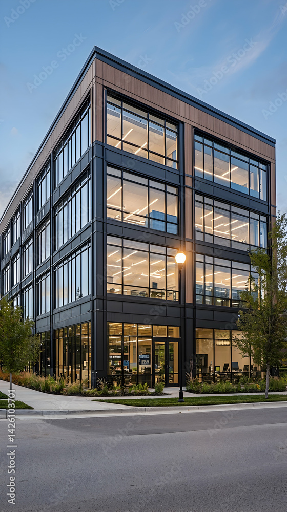 Obraz premium Modern office building at dusk, city street, illuminated interior, professional workspace