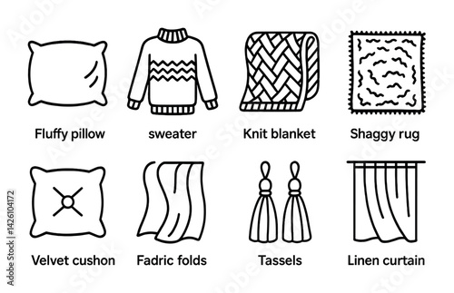Cozy home textiles icon set - 3d linear style featuring pillows, sweaters, blankets, rugs, curtains