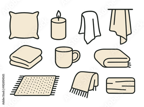 Cozy home essentials icon set: flat style with towels, blanket, pillow, candle, mug, rug