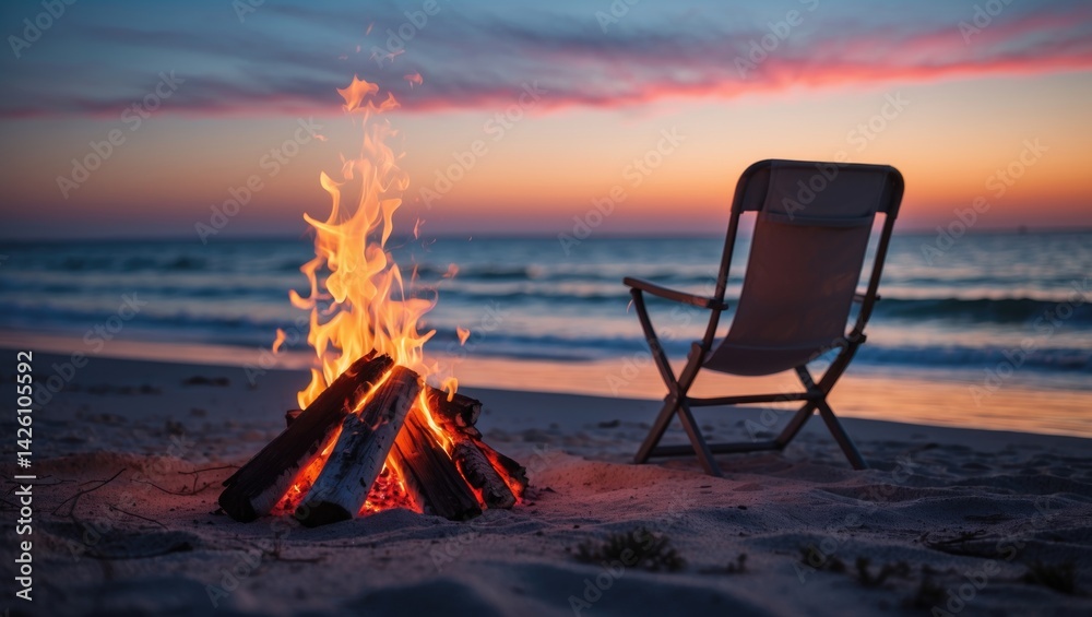 Fototapeta premium Beach background with bonfire and chair during sunset