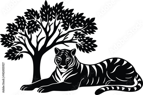 peaceful tiger silhouette lying down under tree