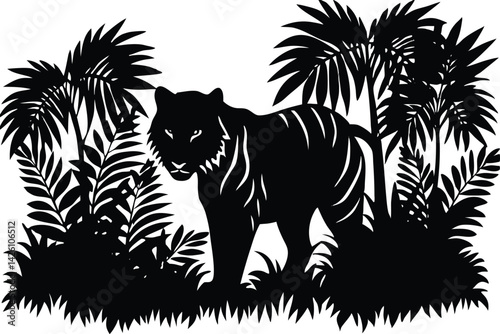 tiger silhouette emerging from jungle fog
