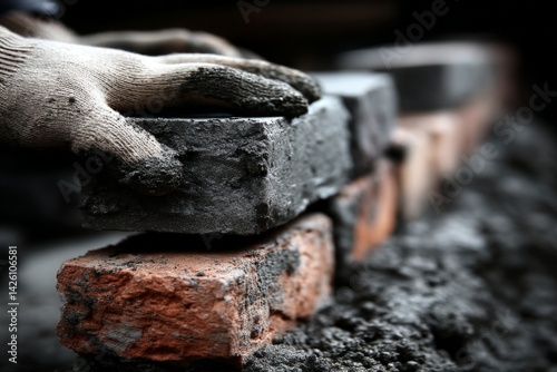 Skilled worker laying bricks in construction site during daylight hours in urban environment with mortar application