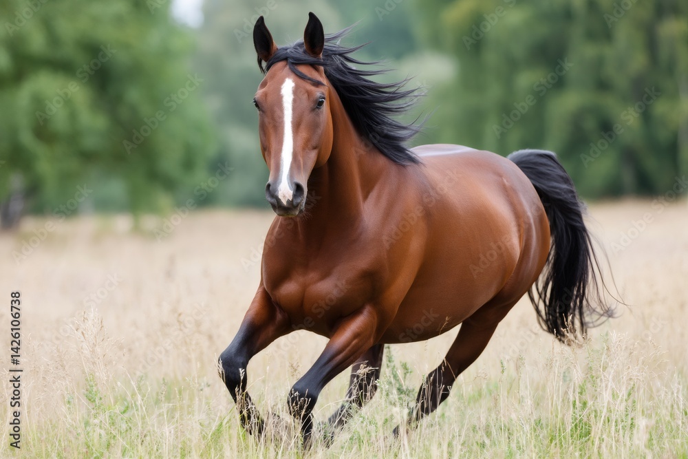 Obraz premium Beautiful brown horse running in a field