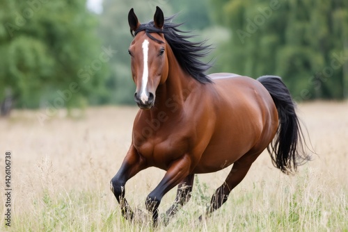 Beautiful brown horse running in a field