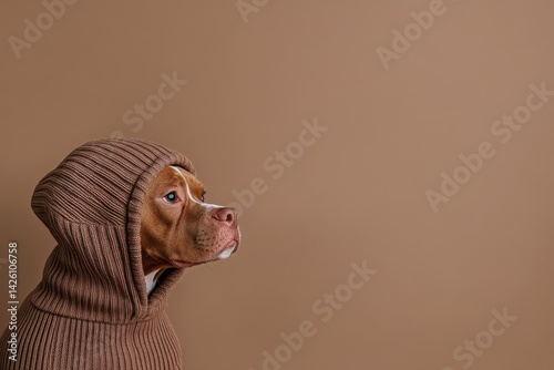 Adorable dog wearing a snug knit sweater sits comfortably against a beige background, with soft lighting highlighting its features and personality