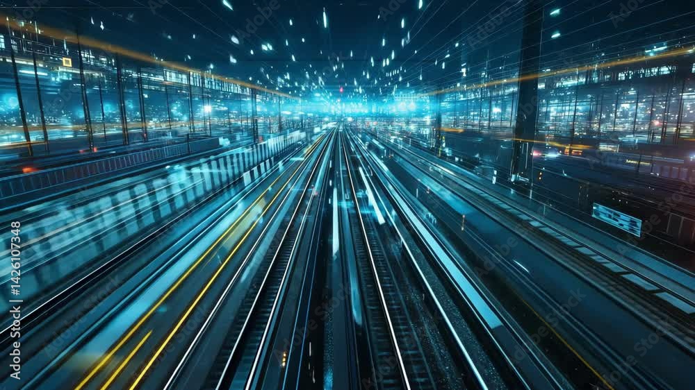 A dynamic night scene of train tracks illuminated by vibrant lights. A dynamic night scene of train tracks illuminated by vibrant lights.