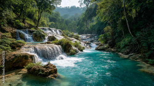 Serene turquoise waterfall cascading through lush green jungle, creating a tranquil and peaceful scene, showcasing nature's beauty and serenity