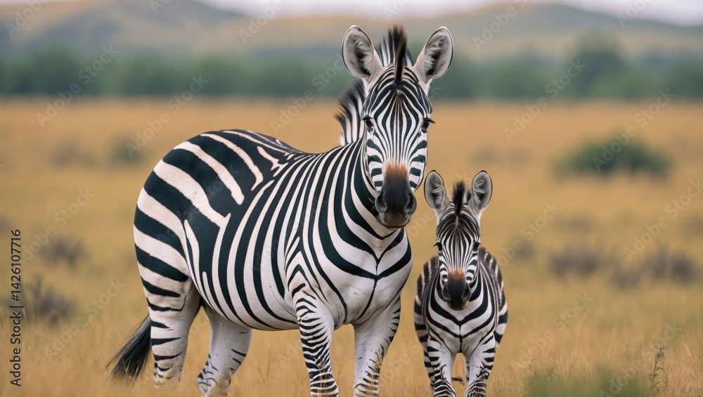 Fototapeta premium Wildlife scene of plains zebra and foal in Serengeti savannah, Tanzania