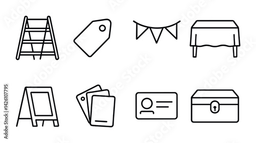 Event planning icon set: linear style with ladder, tag, bunting, and more