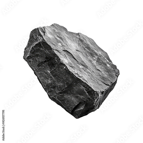 Monochromatic Black and White Image of a Rough-Hewn Dark Grey Stone Isolated on Transparent Background