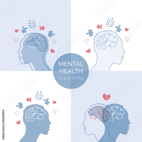 Mental Health card set.Mental health problems and emotional burnout.Split personality. Concept of psychotherapy.Vector illustration.