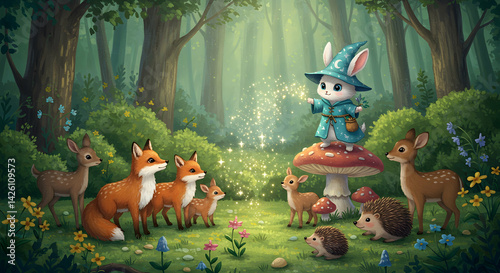 Whimsical woodland wizard rabbit enchanting forest animals captivating illustration for childrens books and magical stories