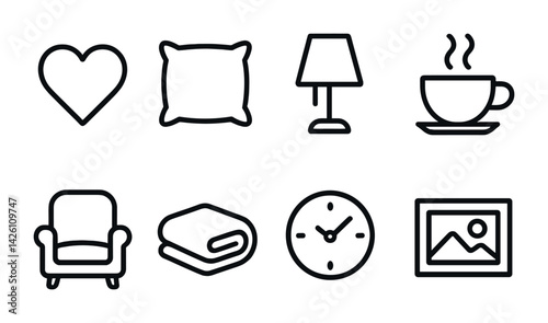 Cozy home essentials icon set - linear style featuring everyday comfort items