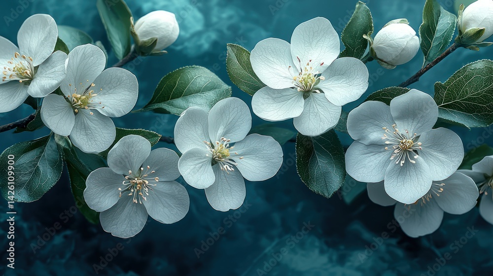 White flowers with green leaves and buds on a teal textured background.