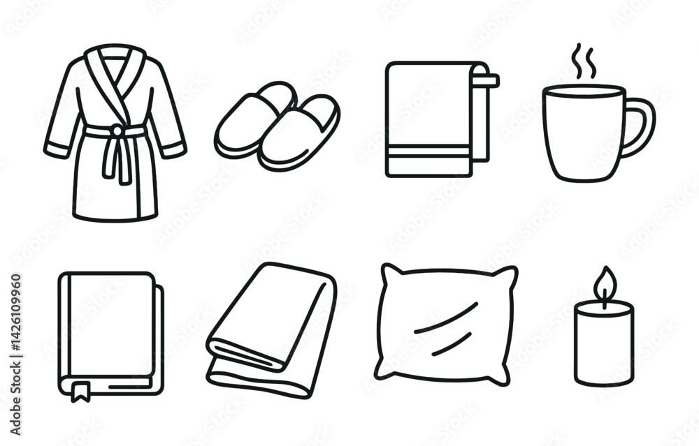 Cozy home essentials icons set - linear style: robe, slippers, towel, cup, book, blanket, pillow, candle