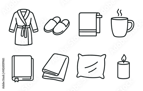 Obraz na płótnie Cozy home essentials icons set - linear style: robe, slippers, towel, cup, book, blanket, pillow, candle w salonie