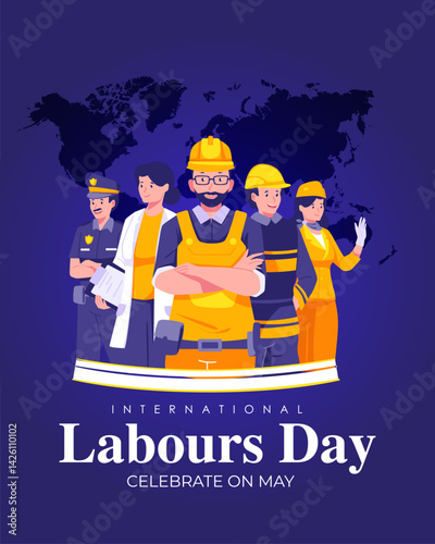 Happy Labours day or international workers day vector illustration with workers.