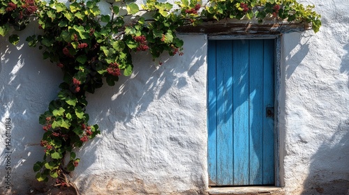 Blue door in white textured wall with climbing green plant on top.