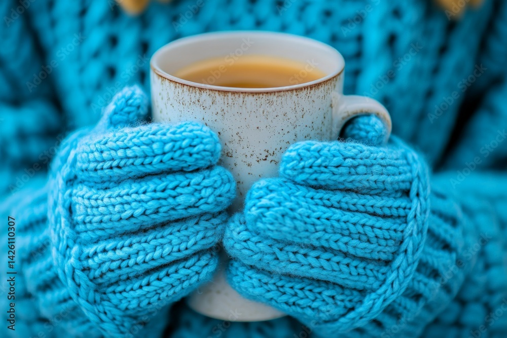 Warm hands hold a cozy mug of tea while bundled in an oversized blue sweater during a chilly winter afternoon Warm hands hold a cozy mug of tea while bundled in an oversized blue sweater during a chilly winter afternoon