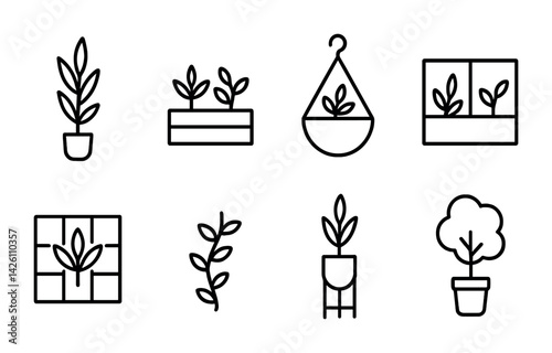 Set of linear indoor plant icons: potted, hanging, growing - minimalist garden collection