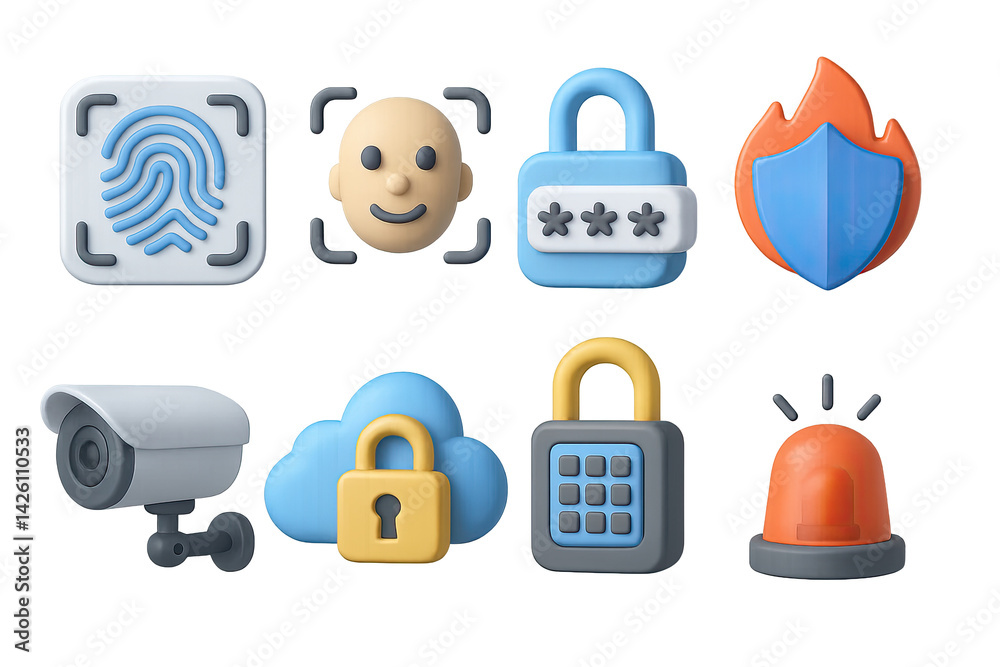 Security and protection 3d icon set – isometric safety symbols for cybersecurity and data privacy: fingerprint, face recognition, lock, shield, camera, cloud, keypad, siren