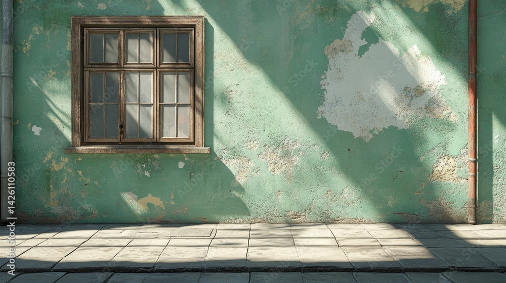 Window on a weathered green wall with peeling paint and sunlight shadows.