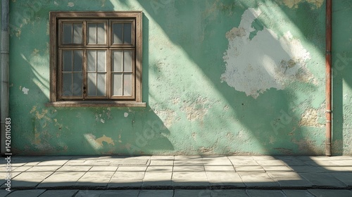 Obraz na płótnie Window on a weathered green wall with peeling paint and sunlight shadows. w salonie