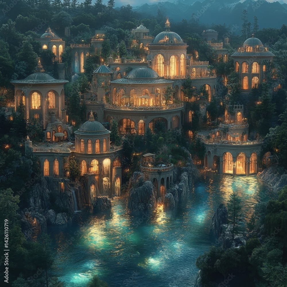 Illuminated buildings with domes nestled in lush green trees at twilight.
