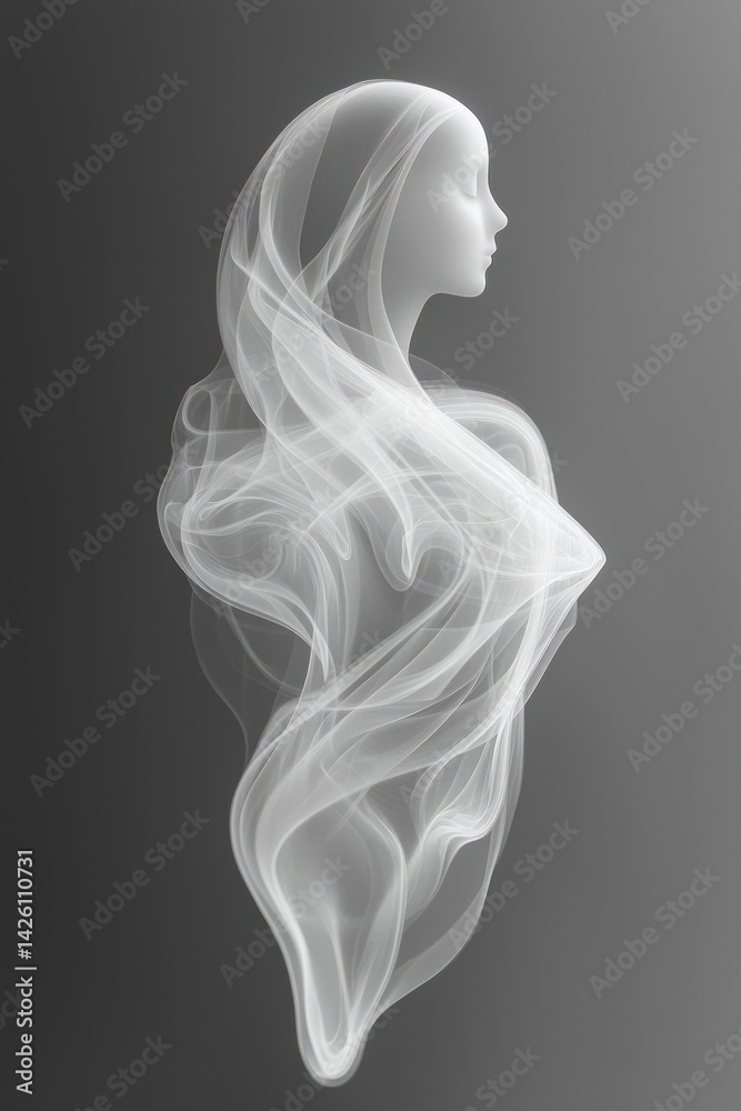 Smoke forms a female silhouette on a gray gradient background.