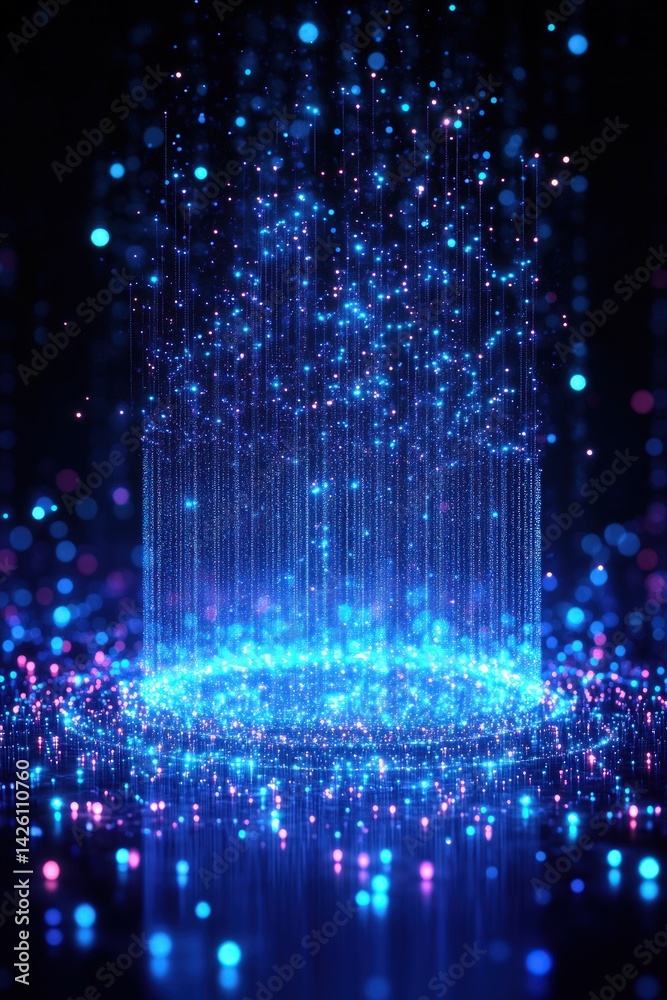 Abstract blue light beam with floating particles emanating from a central point.