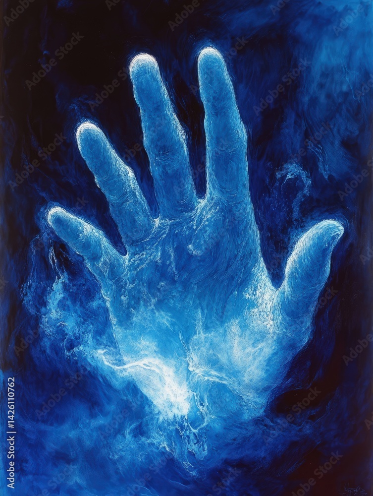 Blue glowing hand with smoke or energy effect on a dark background.