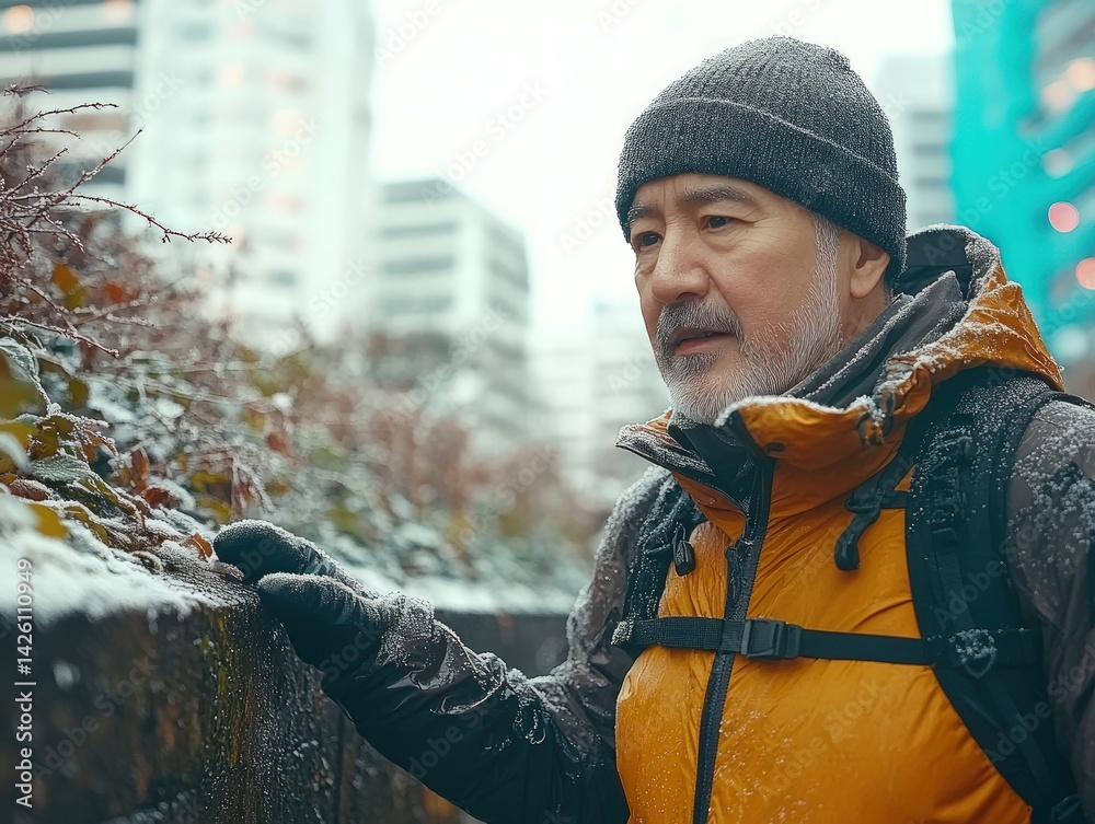 Man in winter clothing outdoors with snow and city buildings in background.