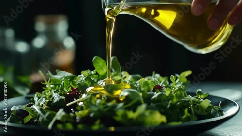 Extra virgin olive oil flowing from a crystal clear jug is poured over a salad of fresh greens. 