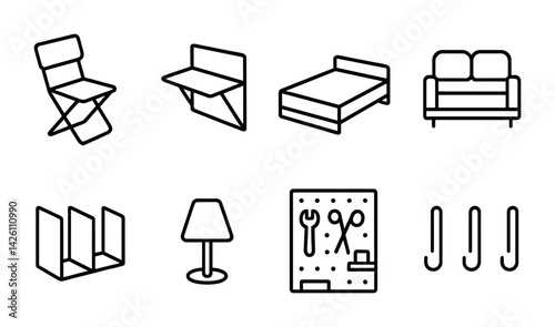Modern furniture icons set - 8 minimalist outline icons for home interiors
